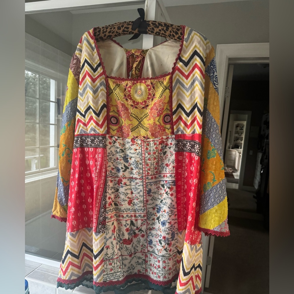 Boho Patchwork Tunic Top in Yellow, Red, Cream, Blue